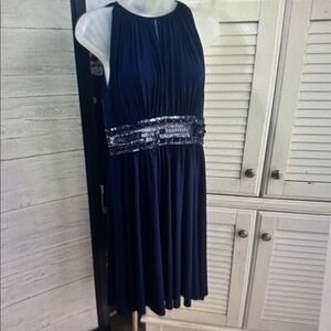 JS Boutique Midnight Blue Formal Dress with Silver and Navy Sequin Waist